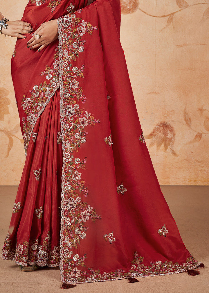 Crimson Red Silk Saree having Sequence & Cord Embridered with Stone work