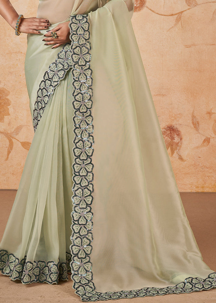 Tea Green Organza Georgette Saree having Thread, Sequence, Cord Embridered with Moti work