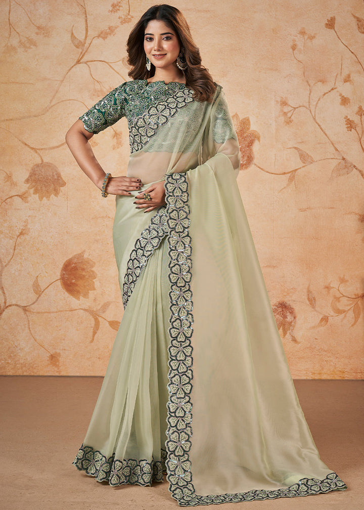 Tea Green Organza Georgette Saree having Thread, Sequence, Cord Embridered with Moti work