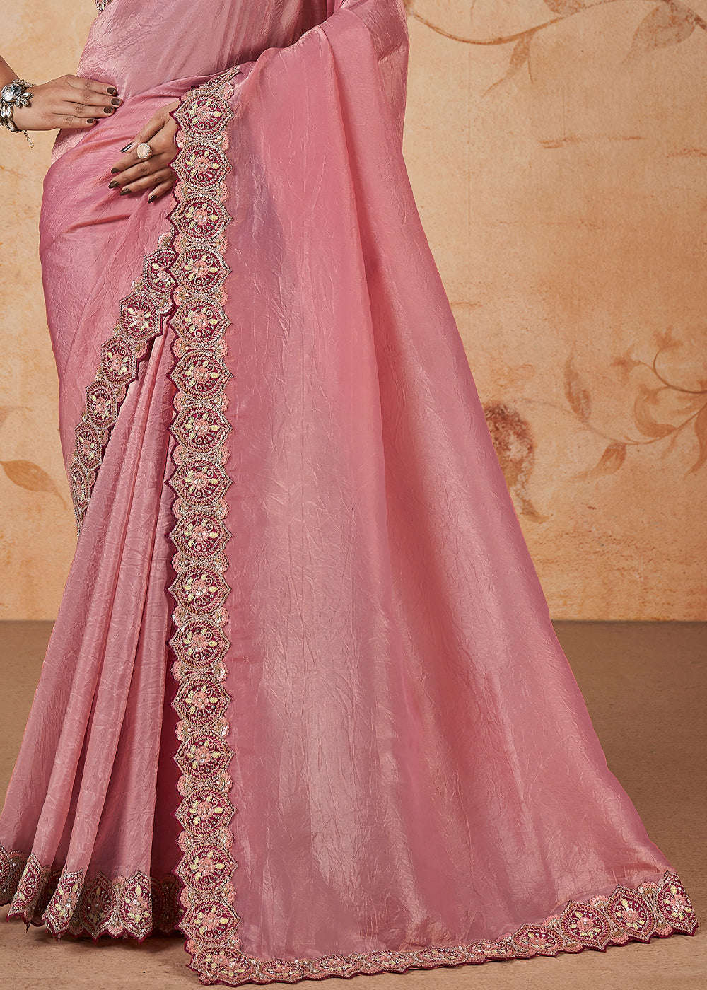 Light Rouge Pink Banarasi Crush Silk Saree having Thread, Sequence, Cord  & Jari Embridered with stone work