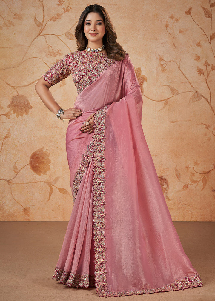 Light Rouge Pink Banarasi Crush Silk Saree having Thread, Sequence, Cord  & Jari Embridered with stone work