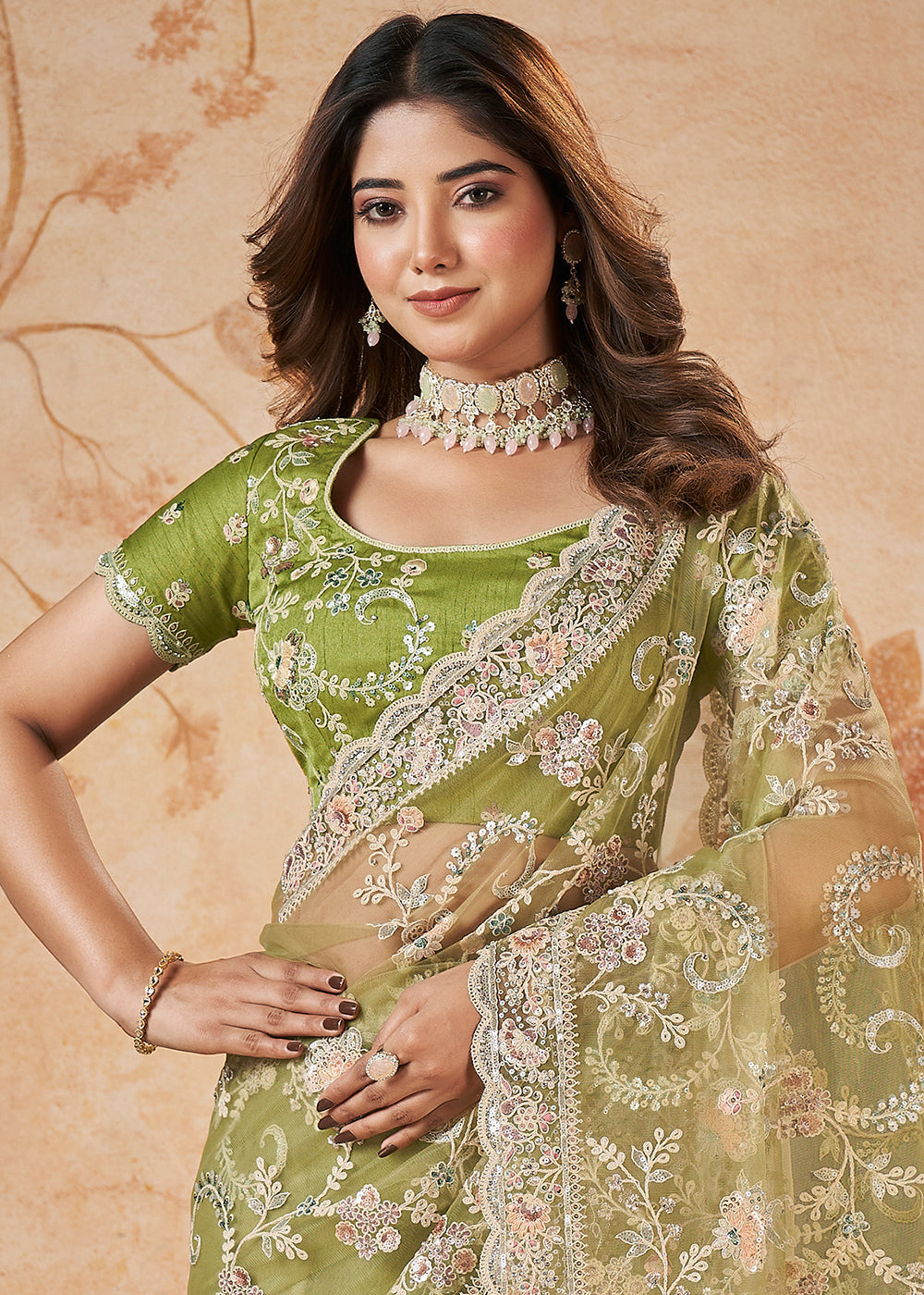 Light Olive Green Net Saree having Sequence & Cord Embridered work