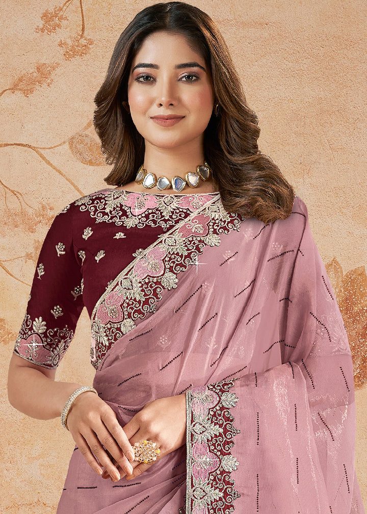 Thistle Purple Organza Tissue Silk Saree with Embroidered Border & Moti work