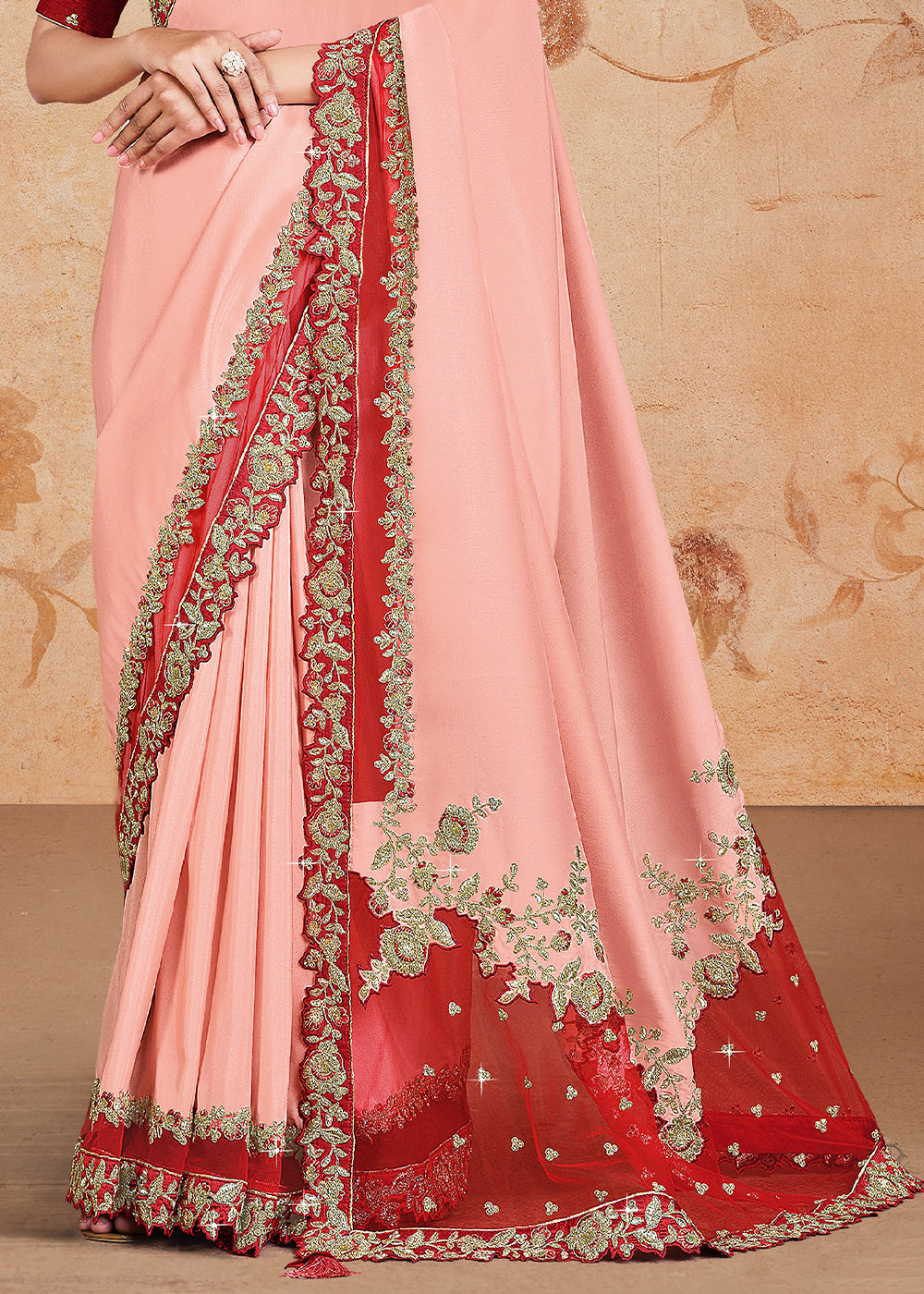 Shades Of Pink Satin Silk Saree having Resham, Zari, Cord Embroidrey & Stone work