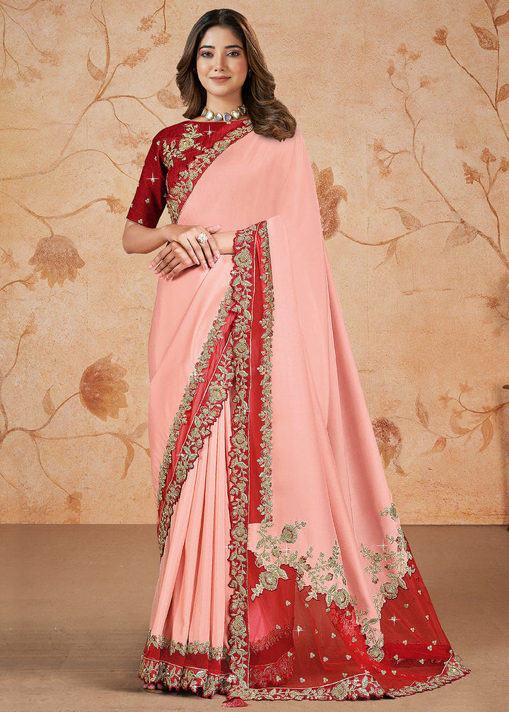 Shades Of Pink Satin Silk Saree having Resham, Zari, Cord Embroidrey & Stone work