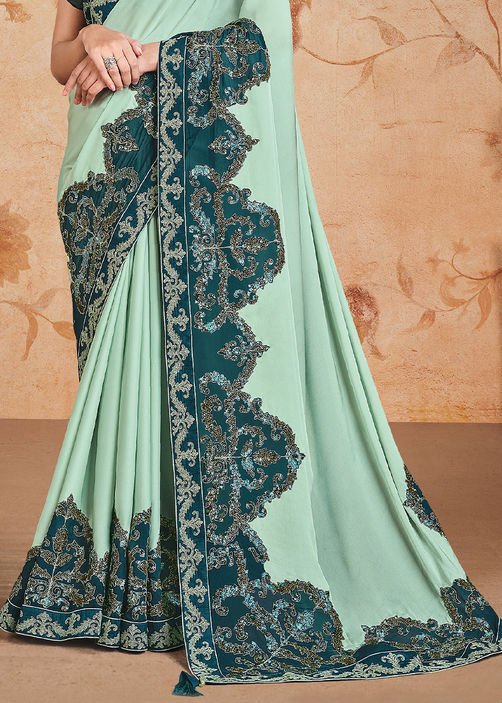 Shades Of Green Georgette Silk Saree having Sequence & Cord Embroiderey & Applique work