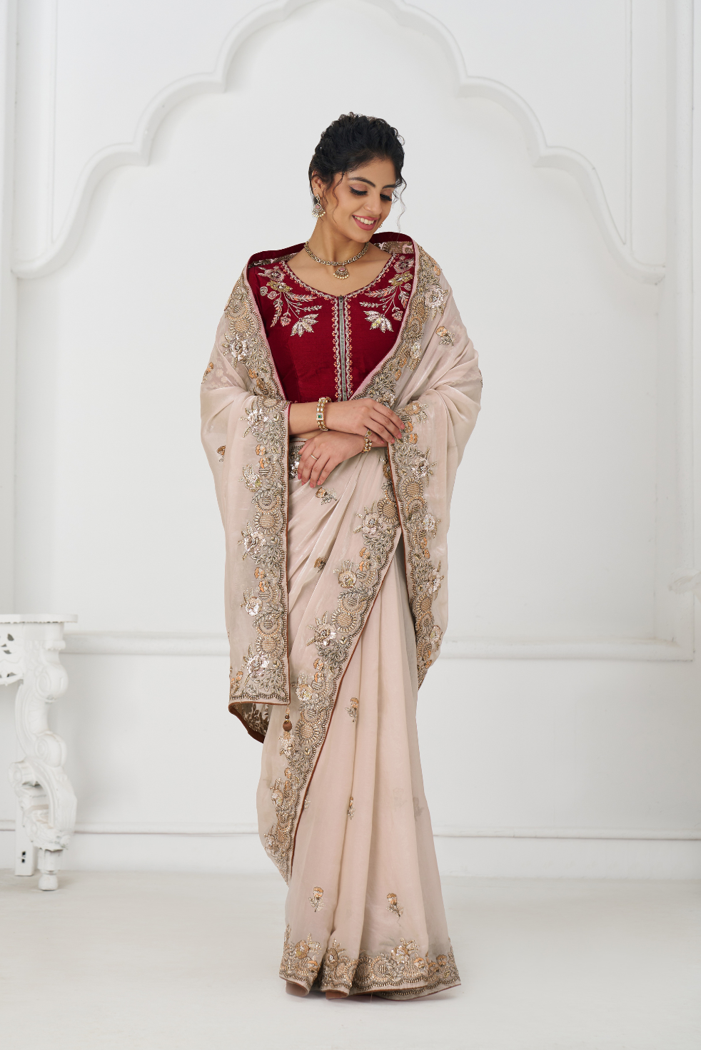 Chiku Color Stunning Fendi Silk Saree With Zari & Sequins Elegance - qivii