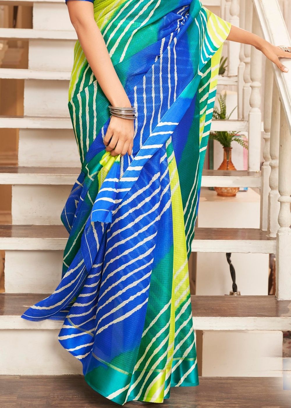 Blue & Yellow Cotton Saree with Leheriya Print : Top Pick