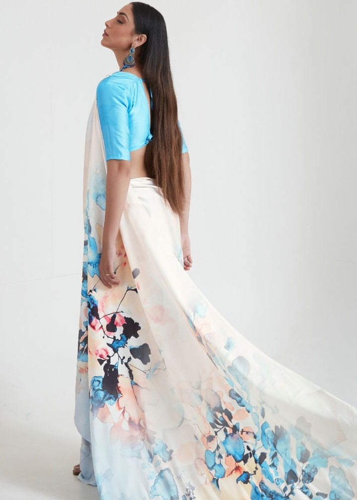  Elegant Pearl White & Blue Satin Silk Saree with Intricate Digital Printing