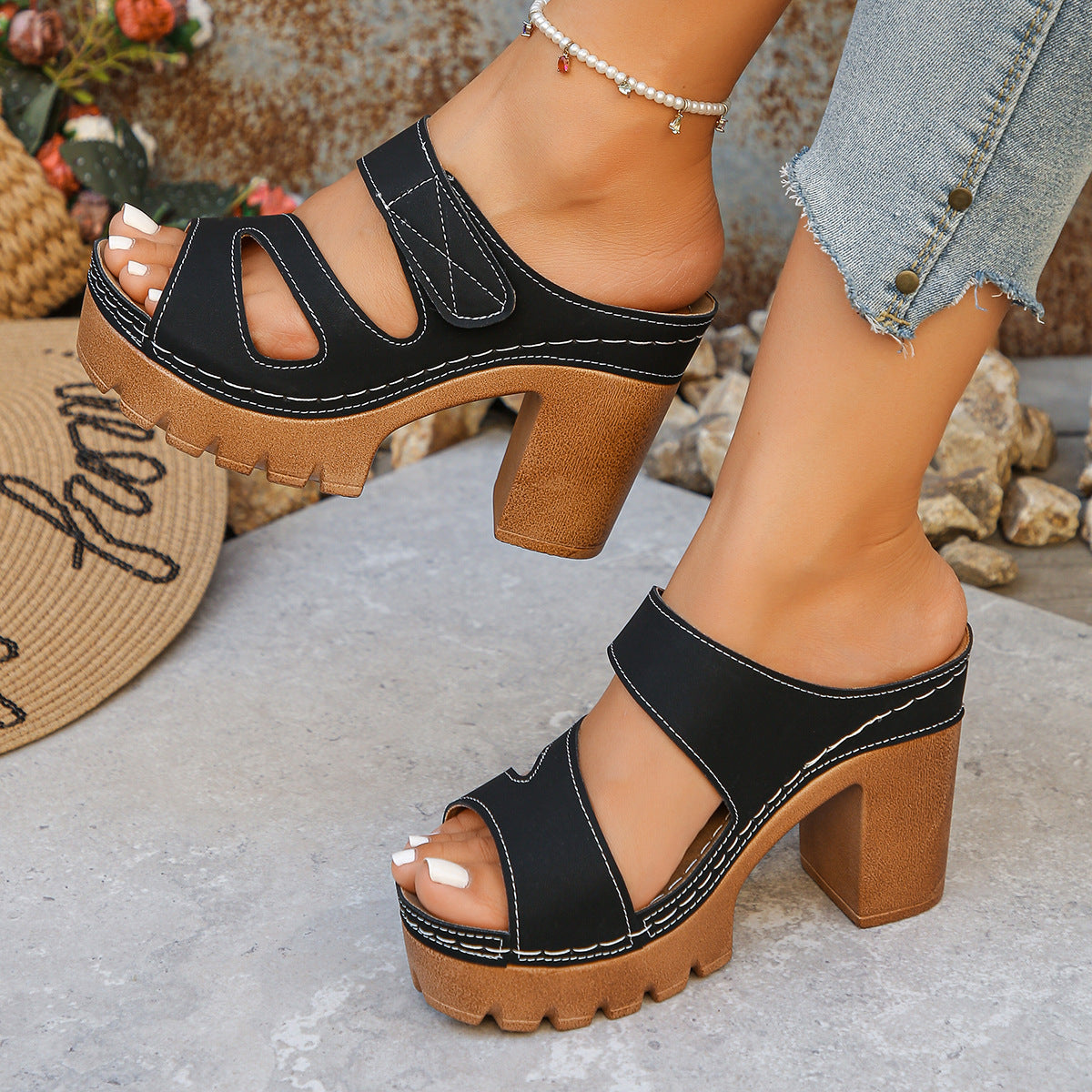 Women’s Alviera Cutout Block Heel Slide Sandals – Peep Toe Velcro Comfort Mules (US 4–10.5)