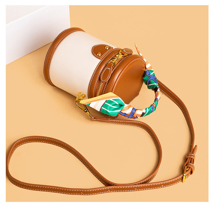 Women's Retro Color-Block Barrel Bag – Mini Cylinder Cosmetic Case with Detachable Silk Scarf & Chain Strap