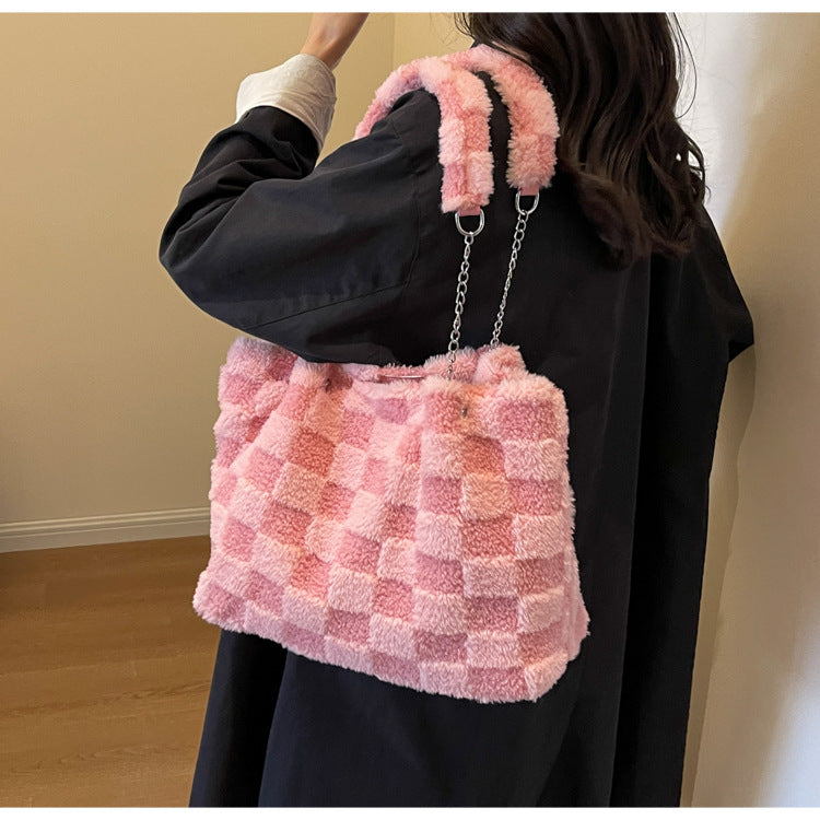 Women's Large-Capacity Plush Handbag | Trendy Quilted Chain Shoulder Bag with Patchwork Design