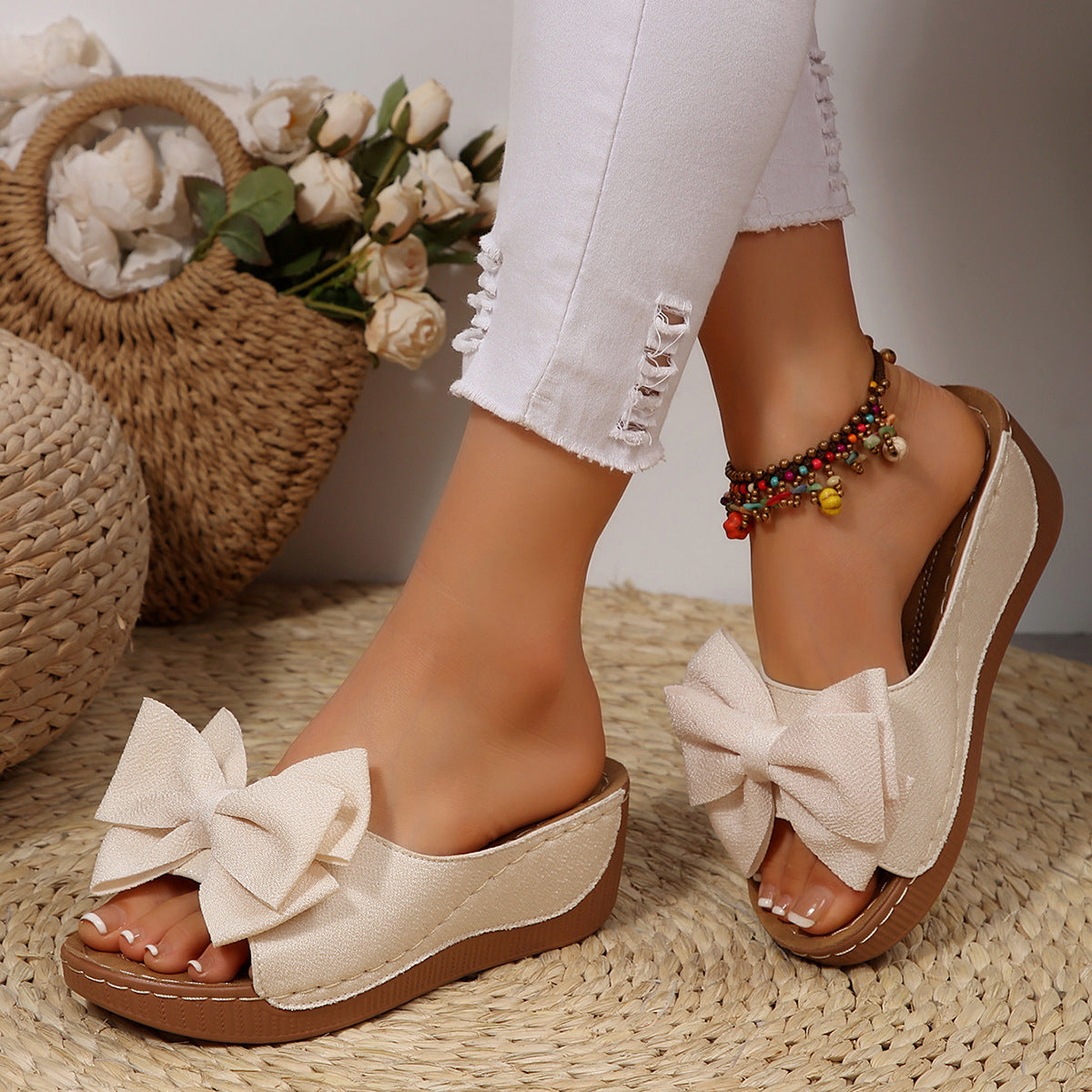 Women’s Liora Bow Flower Platform Wedge Slide Sandals – Peep-Toe Wide Strap Summer Slides (US 5–10.5)
