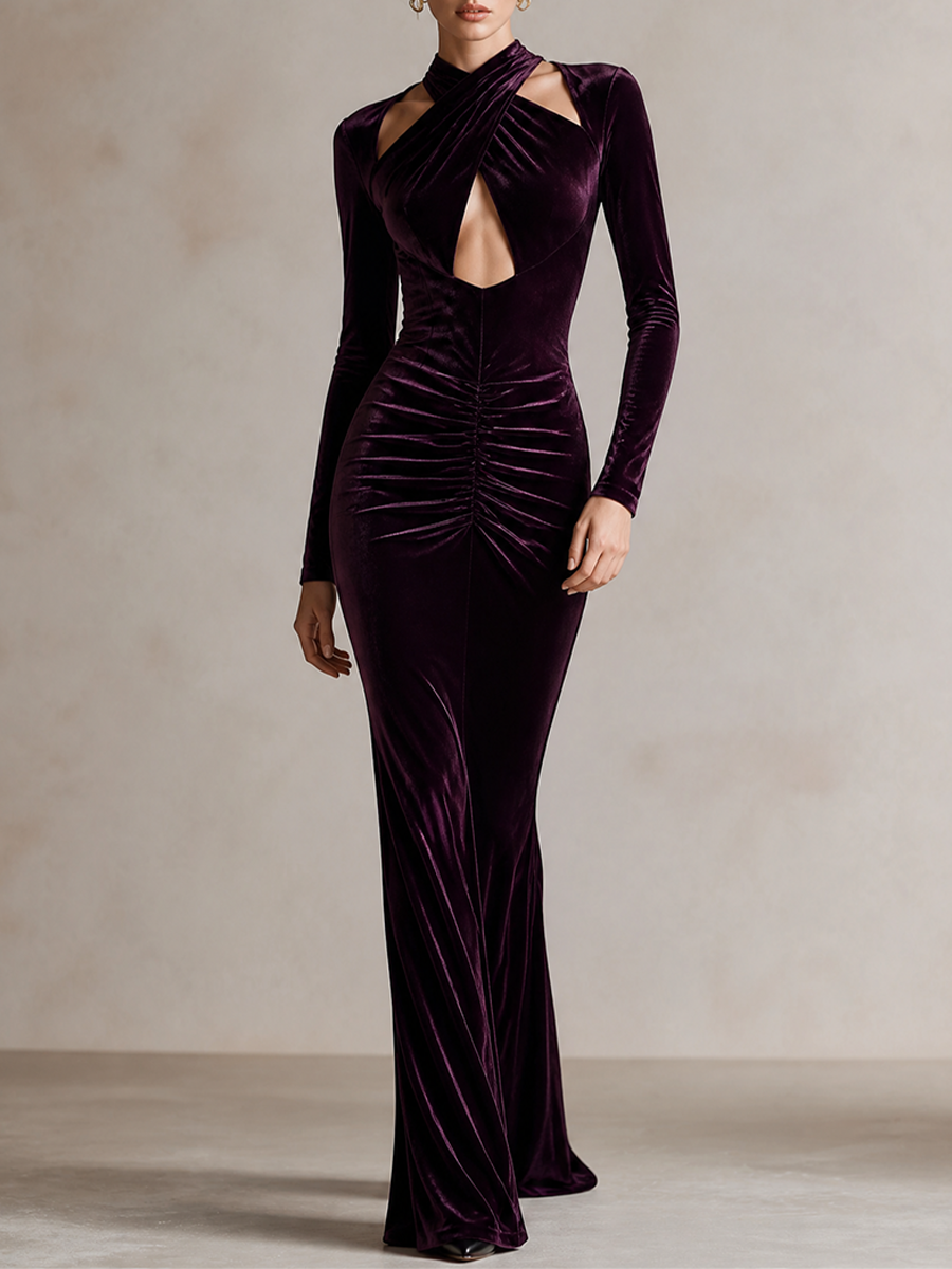 Women's Cutout Velvet Long Sleeve Maxi Evening Dress