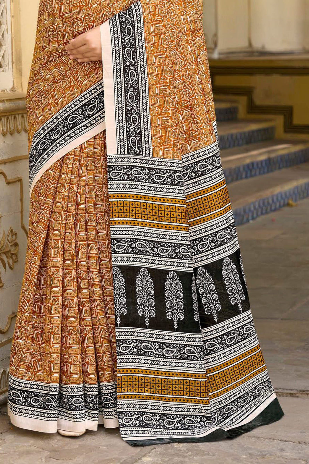 Serria Yellow and Black Handblock Printed Saree