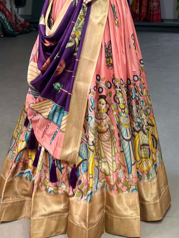 Dola Silk Kalamkari Print With Weaving Border Lehenga Choli in Peach Color