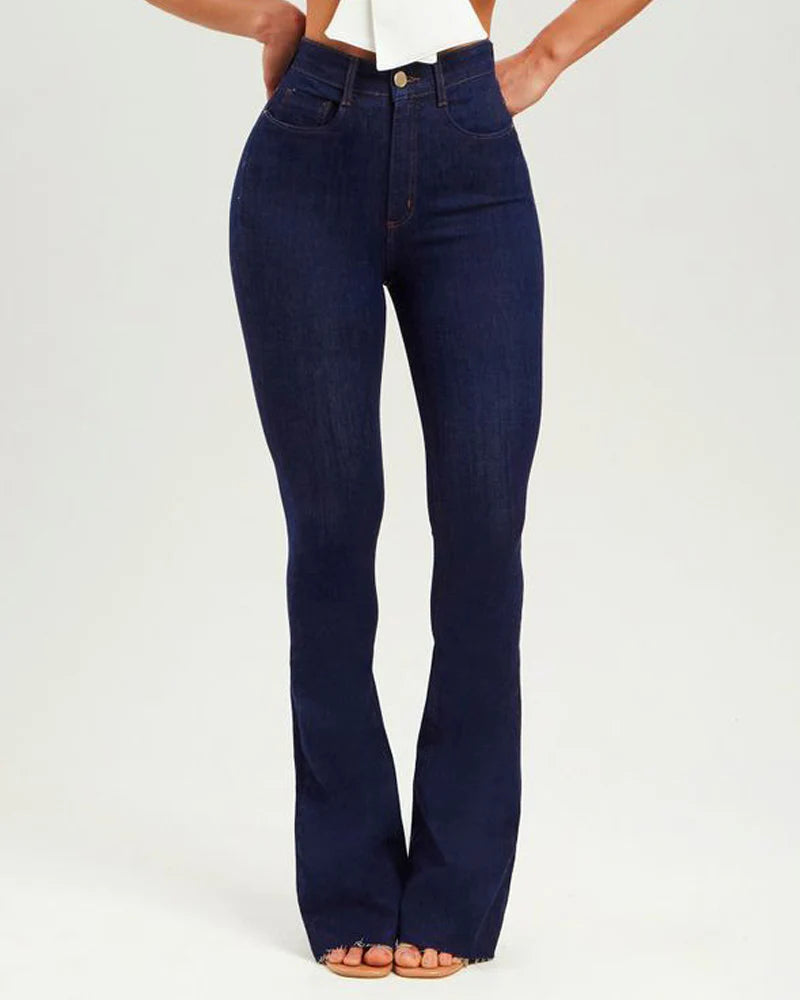 Dark Blue Butt Lifting Skinny Flare Shaping Jeans High Waist Stretch Pants Women Jeans  - By Qivii