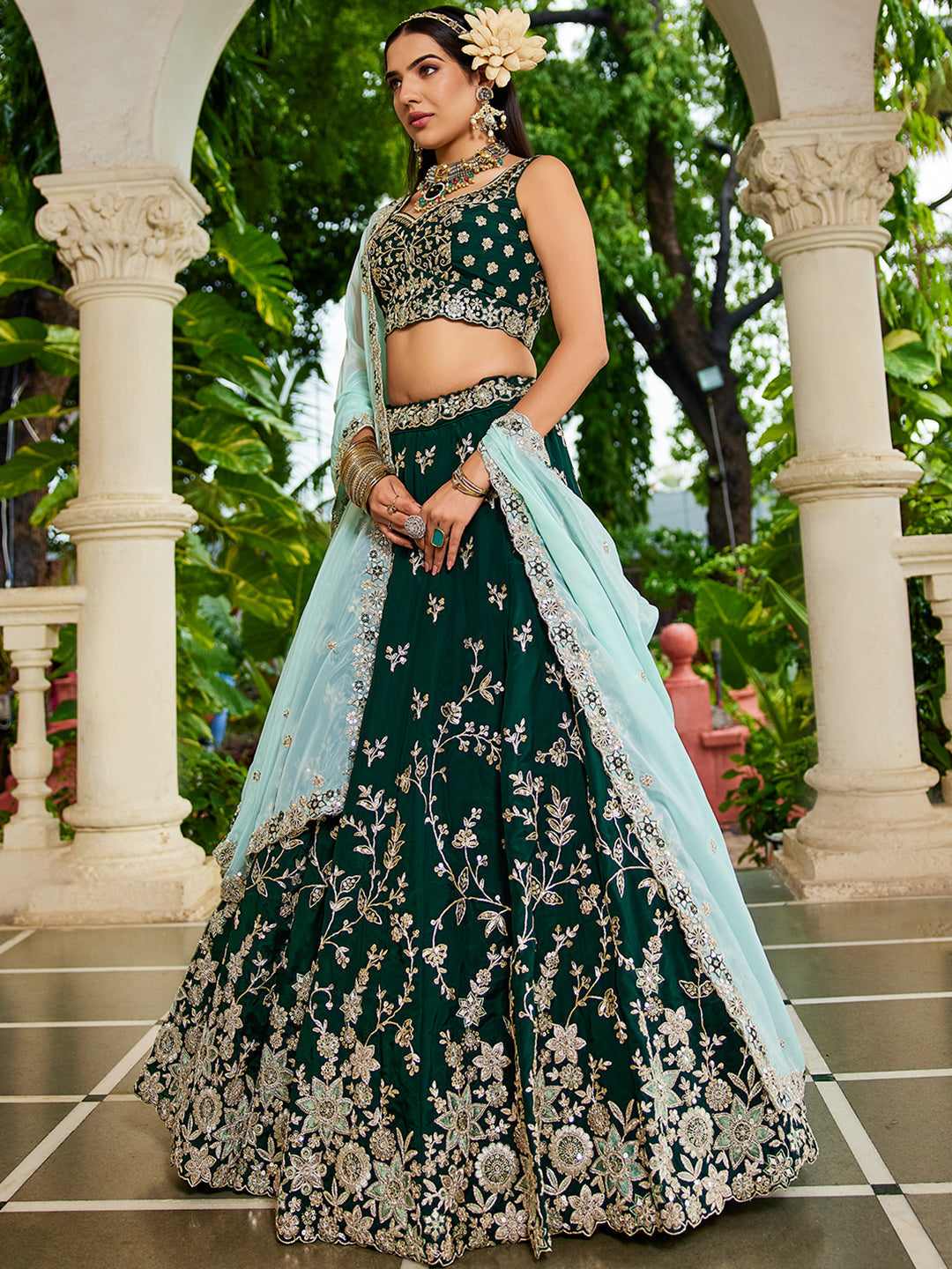 GREEN - Organza Sequinse embroidery Lehenga choli & Dupatta
