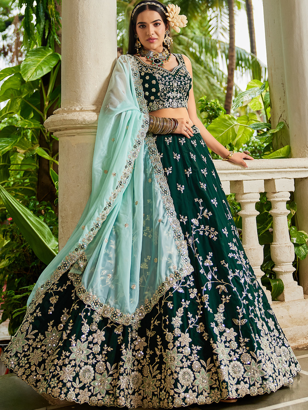 GREEN - Organza Sequinse embroidery Lehenga choli & Dupatta