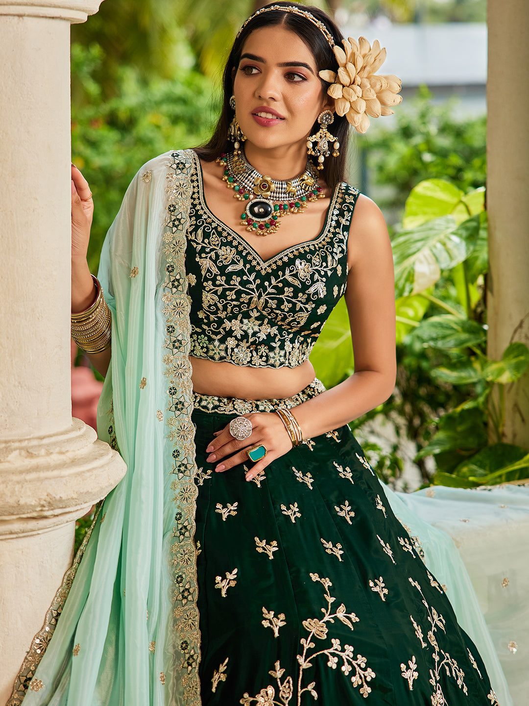 GREEN - Organza Sequinse embroidery Lehenga choli & Dupatta