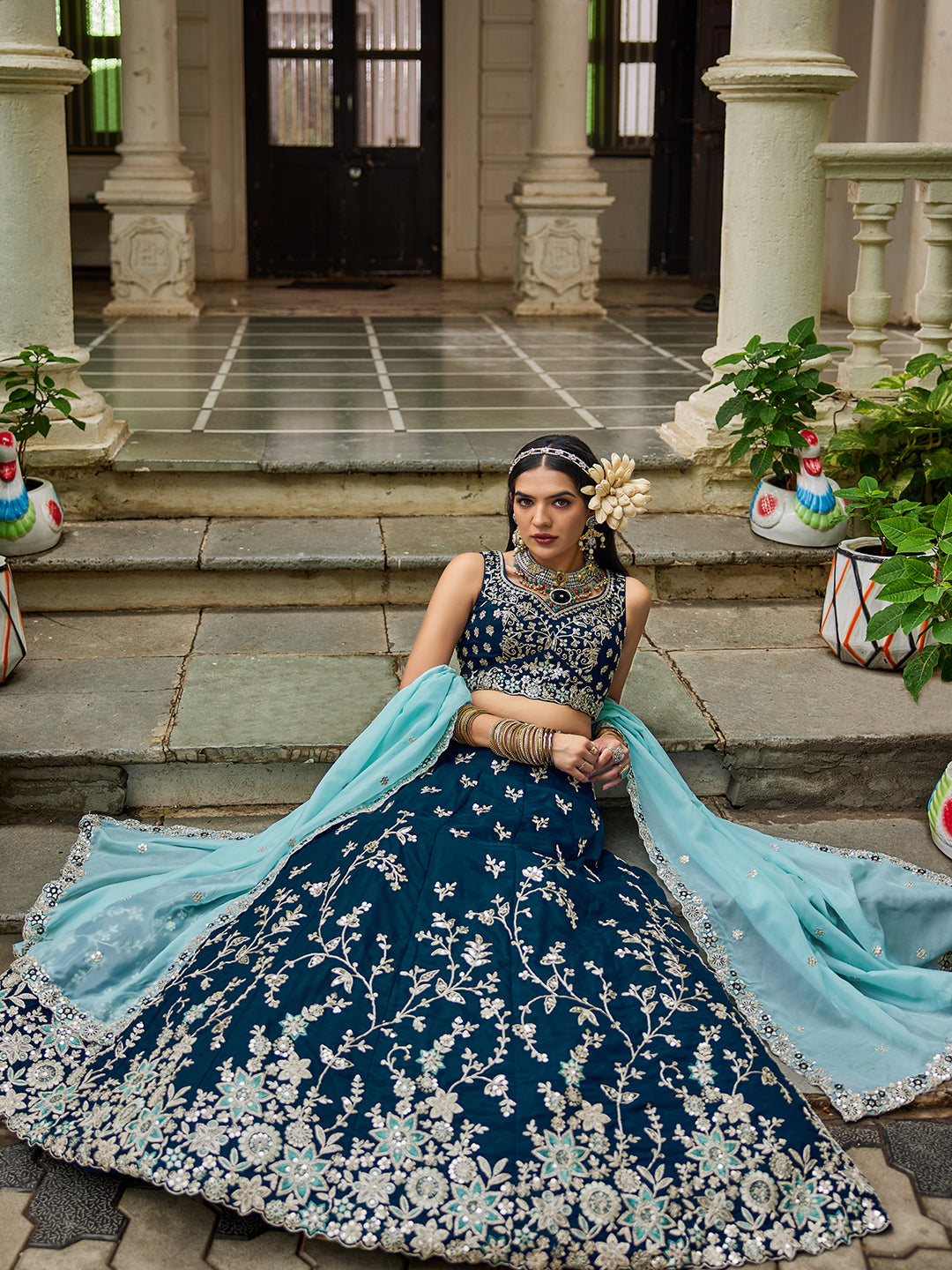 NAVYBLUE - Organza Sequinse embroidery Lehenga choli & Dupatta