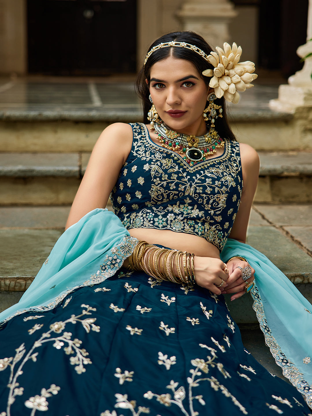 NAVYBLUE - Organza Sequinse embroidery Lehenga choli & Dupatta