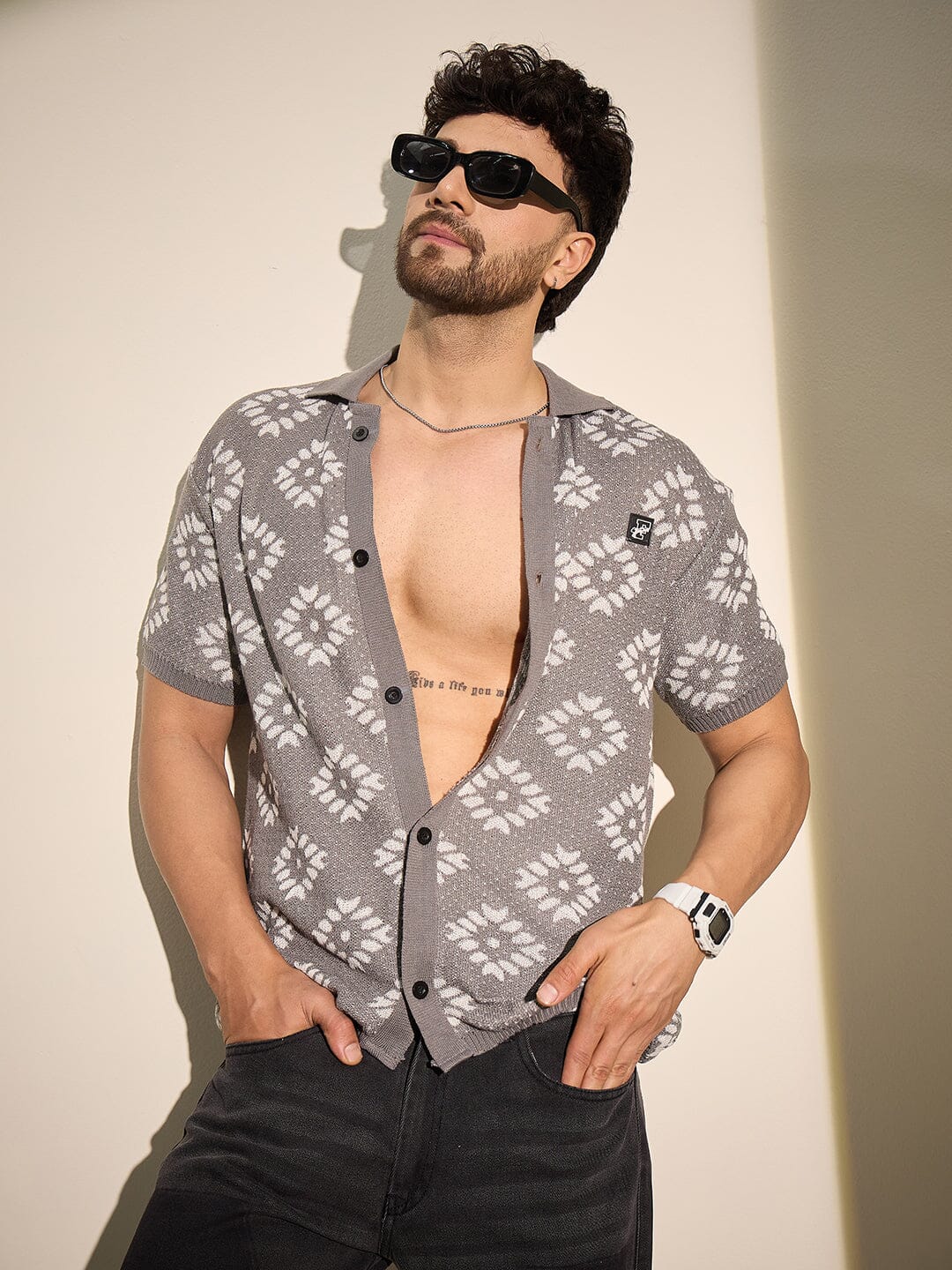 Grey Patterned Knitted Shirt