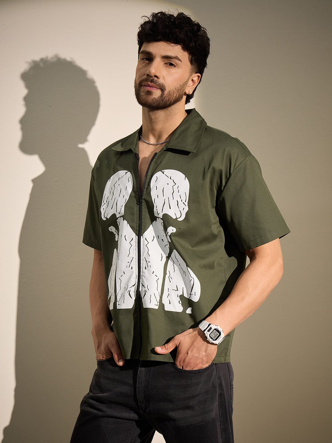 Olive Cracked Body Graphic Zipped Shirt