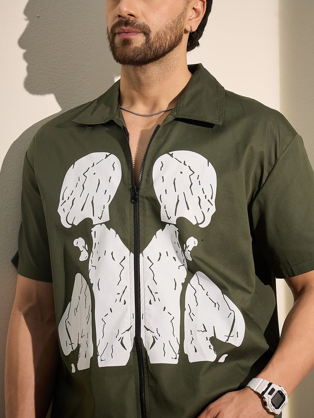 Olive Cracked Body Graphic Zipped Shirt