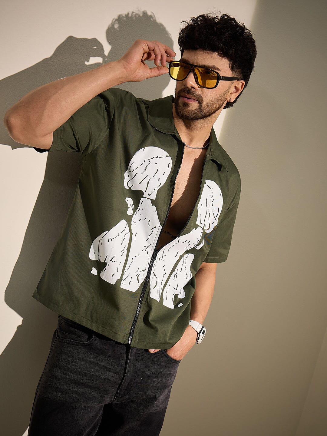 Olive Cracked Body Graphic Zipped Shirt