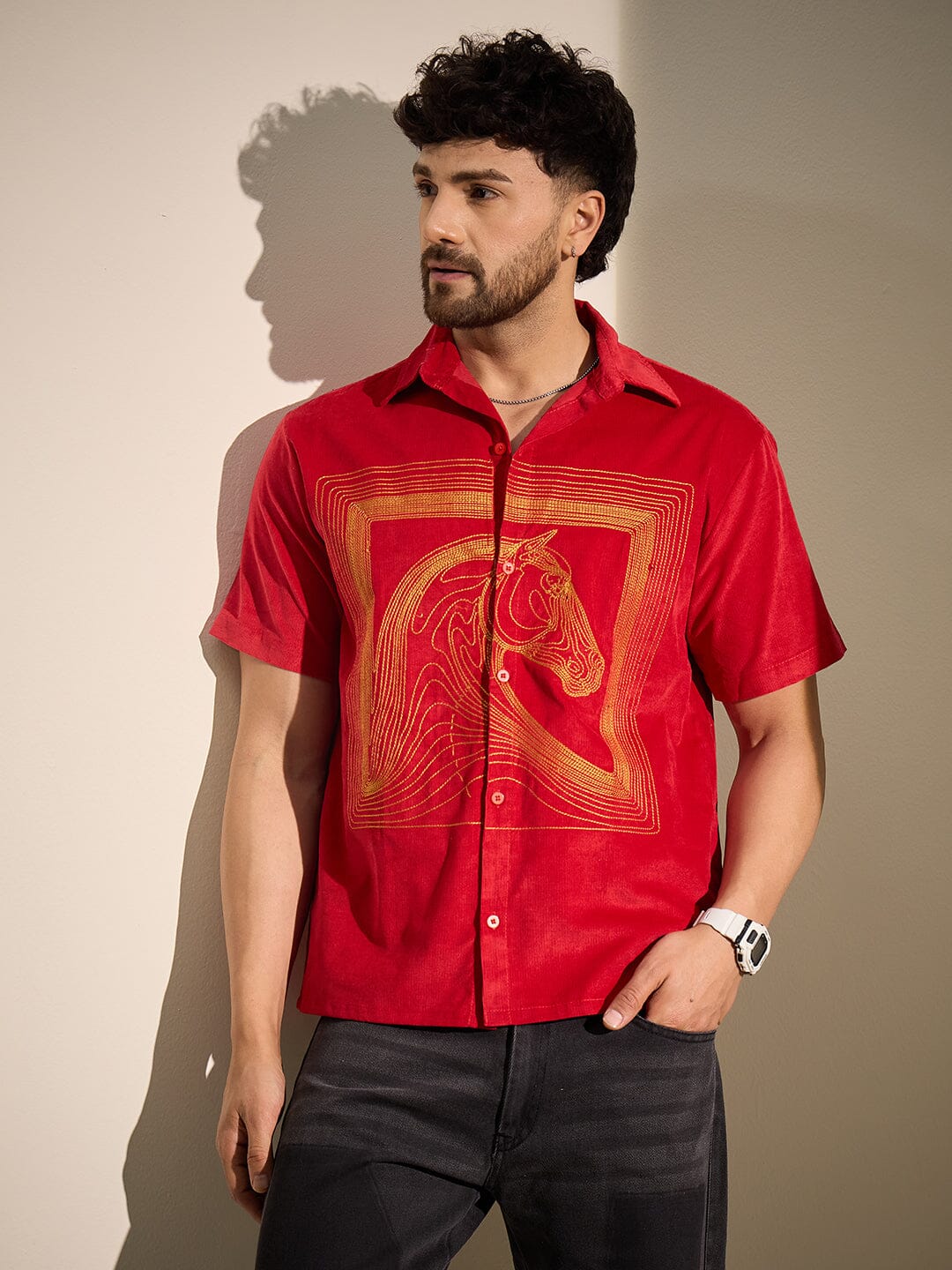 Red Corduroy Horse Embroidery Shirt