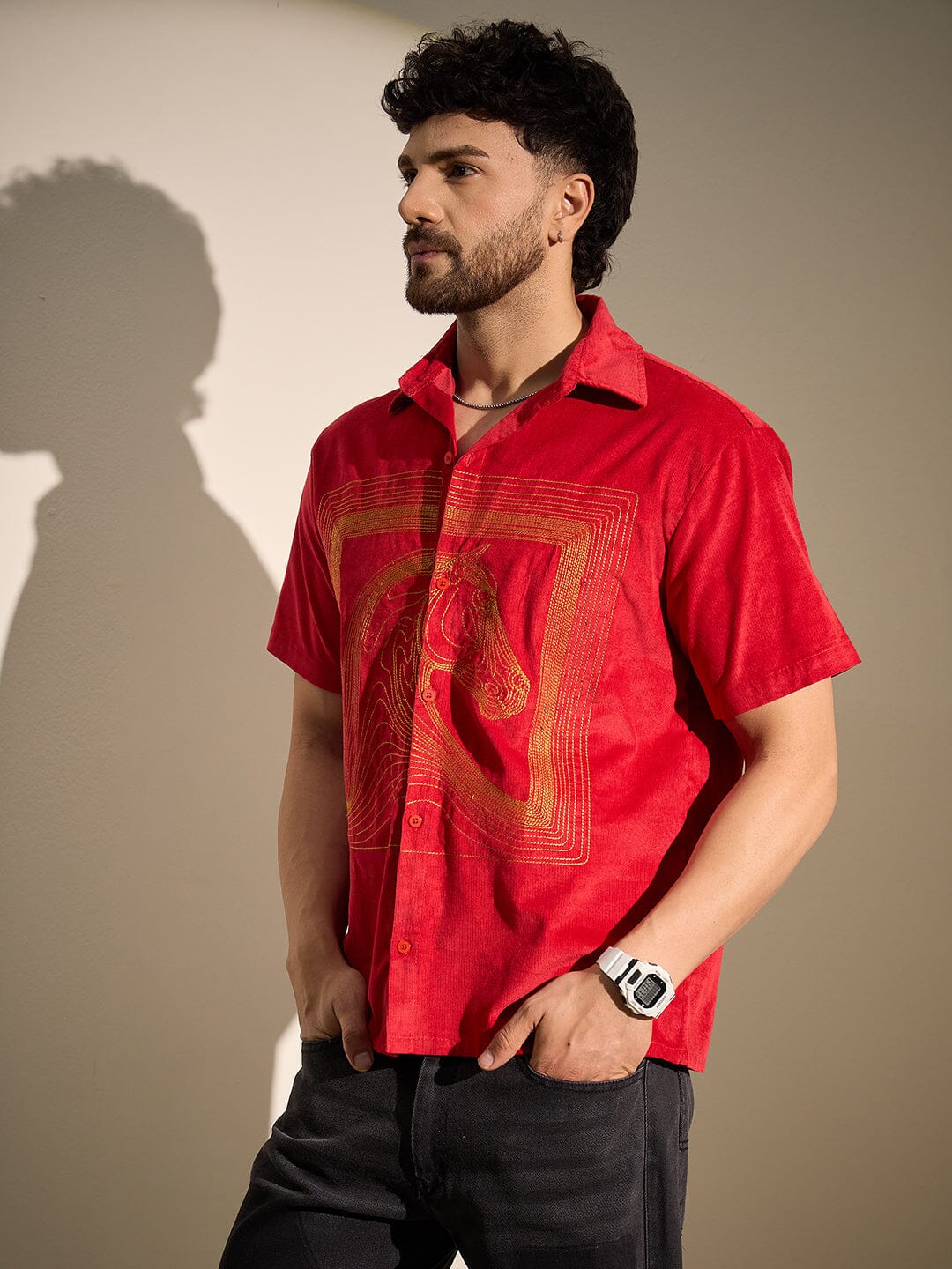 Red Corduroy Horse Embroidery Shirt