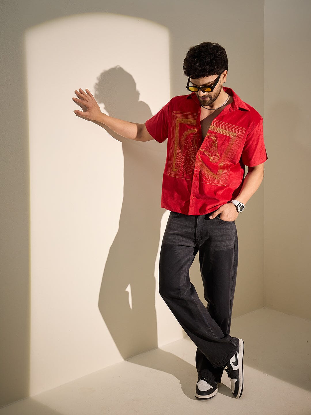 Red Corduroy Horse Embroidery Shirt