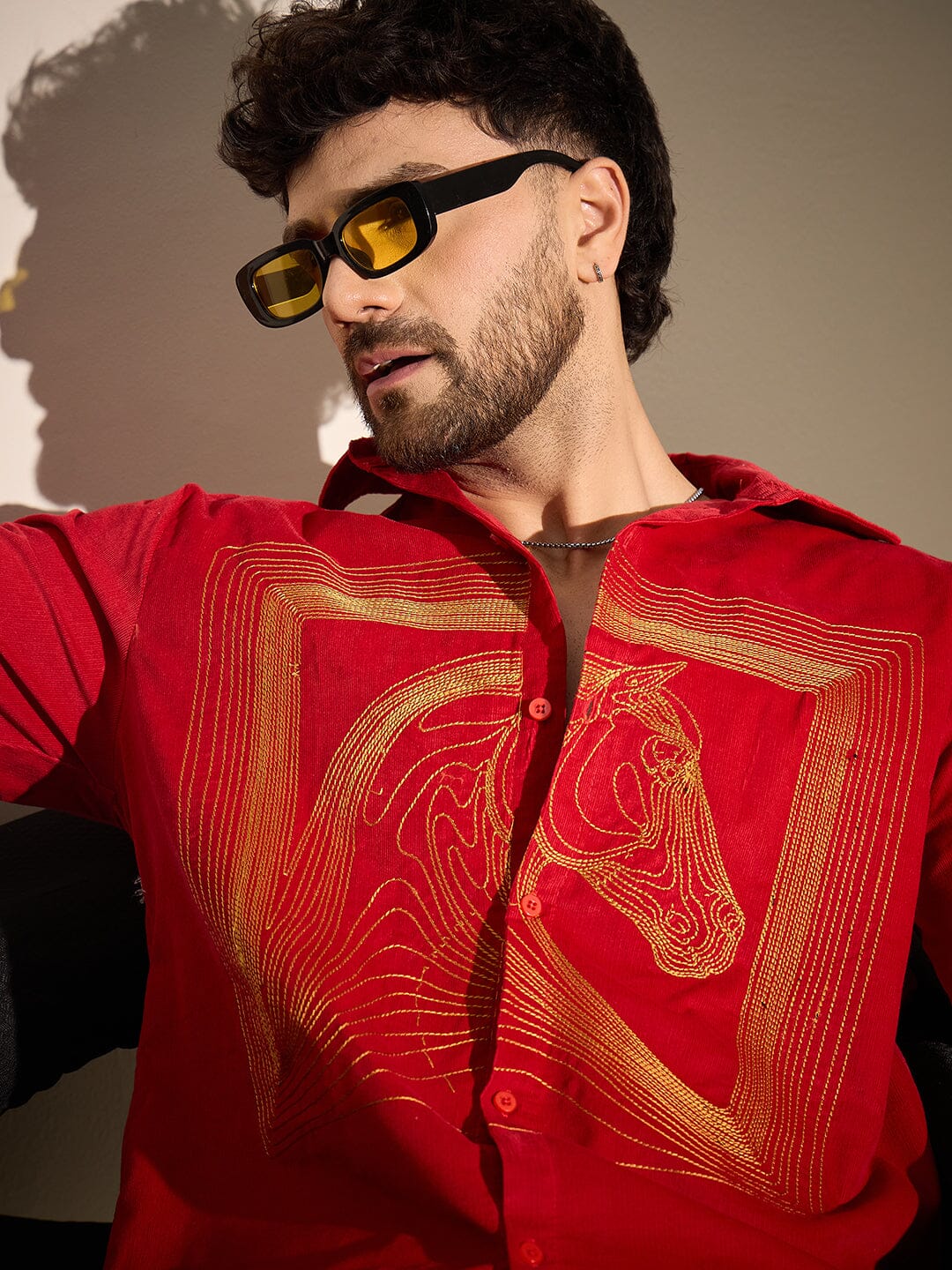 Red Corduroy Horse Embroidery Shirt