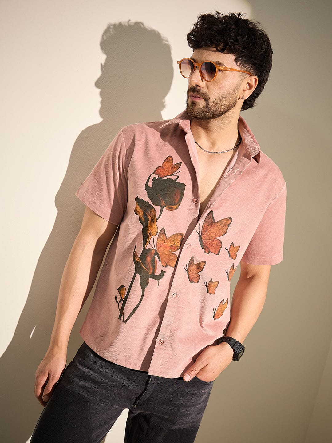 Dusty Coral Rose Graphic Corduroy Shirt