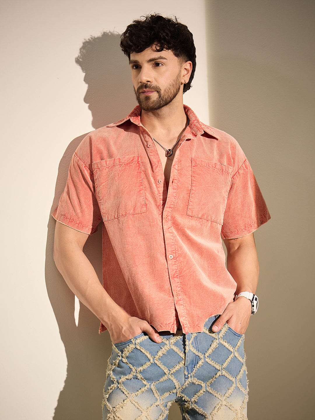 Orange Acid Cropped Unbalanced Shirt - qivii