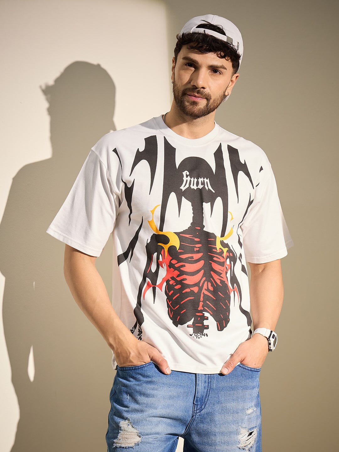 White Burn Graphic Oversized Tshirt