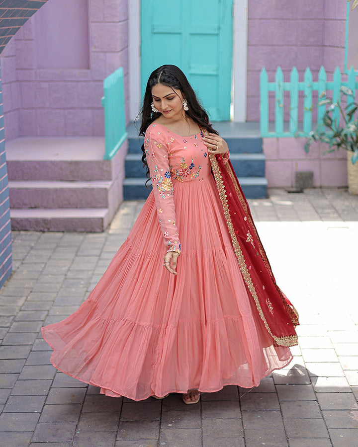 Peach Color Faux Georgette Designer Gown With Dupatta  - By Qivii