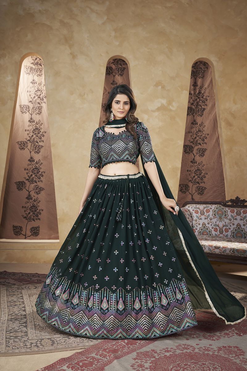 Beautiful women's green designer lehenga choli with dupatta for elegant occasions