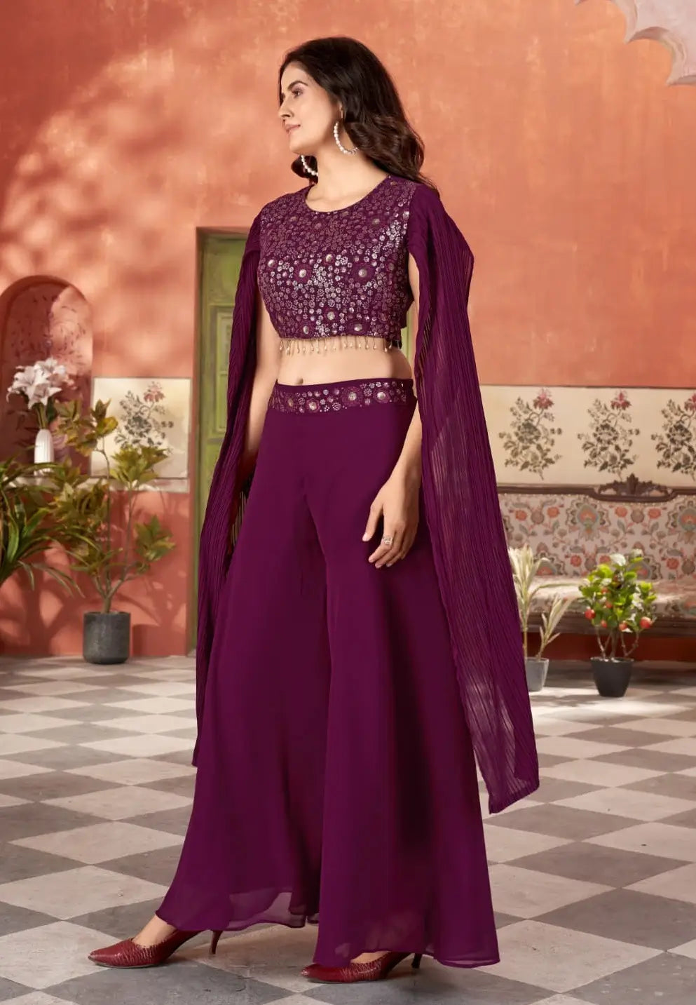 Designer Wine Georgette Indo Western With Sequins Work - qivii