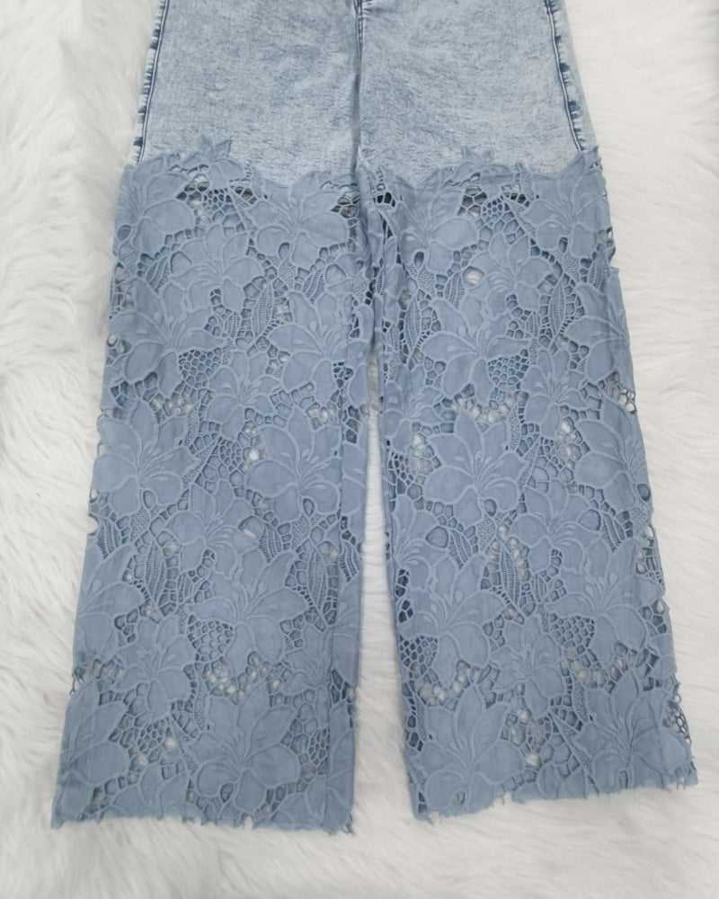 Shapshe® Cut out Floral Denim with Lace Wide Leg Jeans for Women  - By Qivii