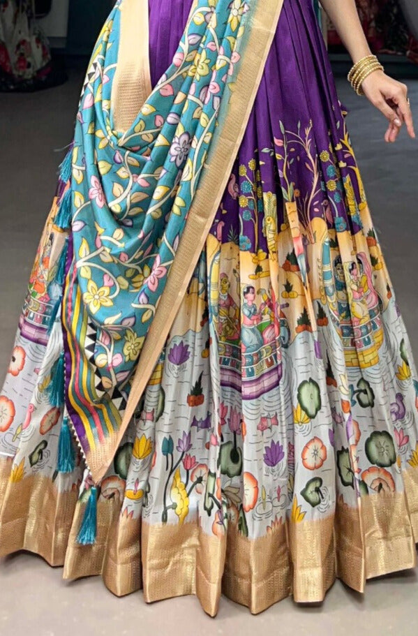 Dola Silk Kalamkari Print With Weaving Border Lehenga Choli In Purple Color