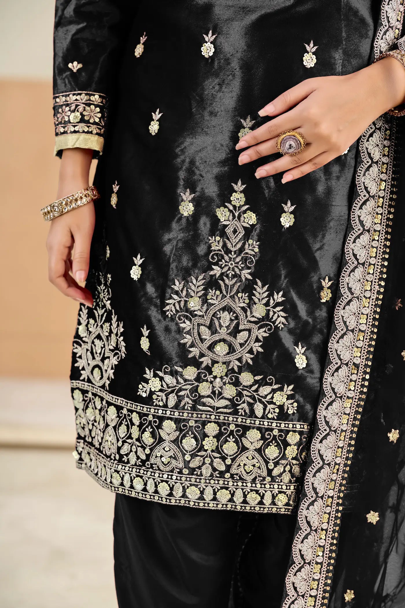 Smoky Black Velvet Embroidered Salwar Suit