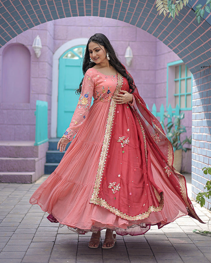 Peach Color Faux Georgette Designer Gown With Dupatta  - By Qivii