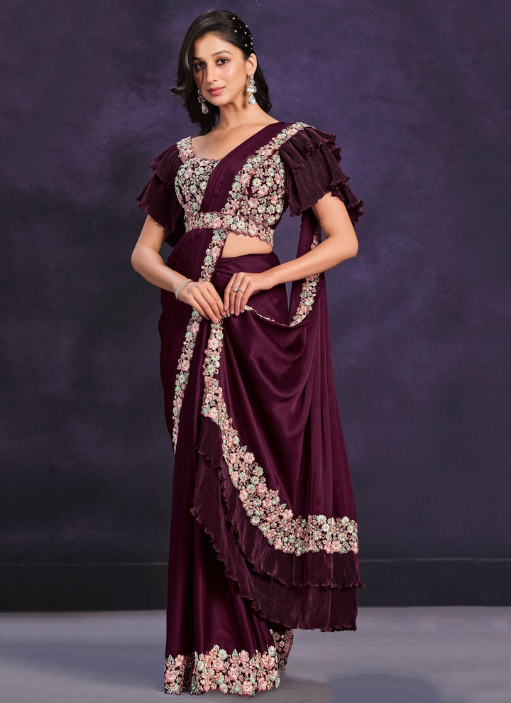 Wine Satin Silk Classic Sari