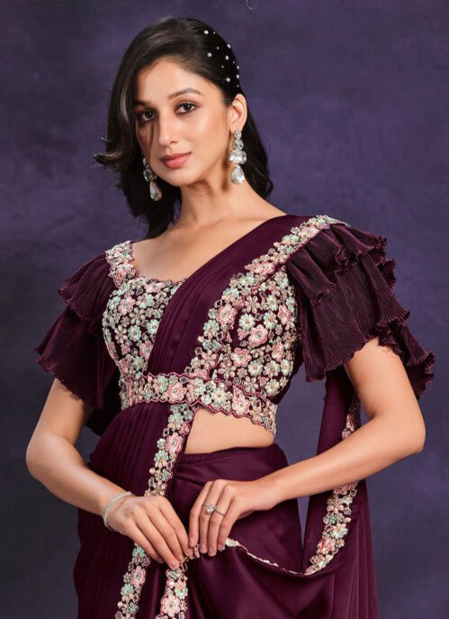 Wine Satin Silk Classic Sari