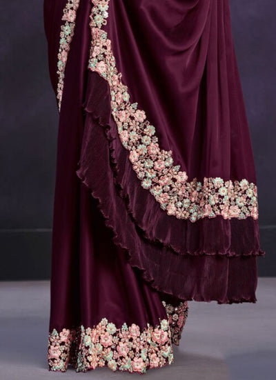 Wine Satin Silk Classic Sari