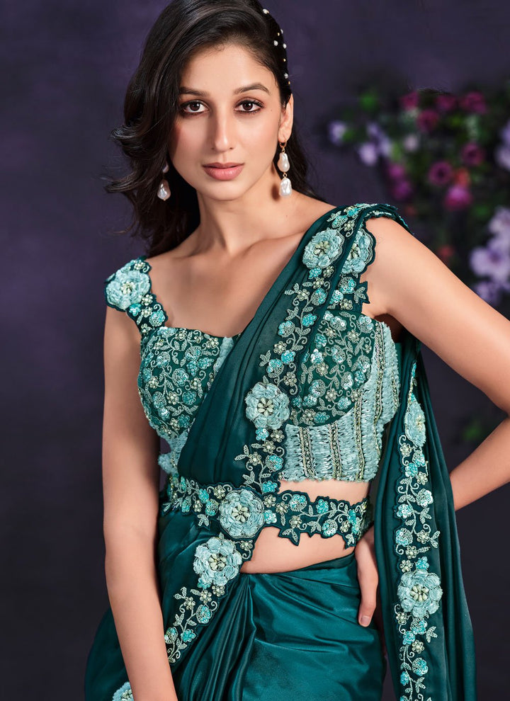 Morpeach Satin Silk Trendy Saree With Moti, Sequins And Thread Work For Women