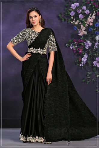 Black Satin Silk Contemporary Saree