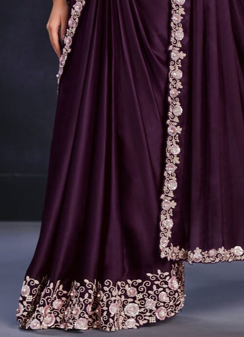 Purple Satin Silk Classic Saree With Moti, Sequins And Thread Work For Ceremonial